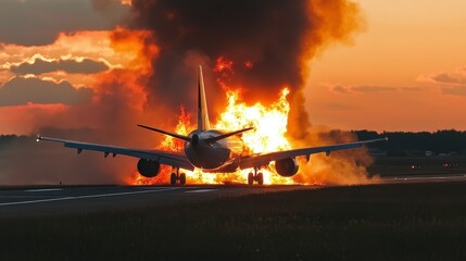 Naklejka premium Engine failure leads to in flight fire emergency on passenger aircraft during flight
