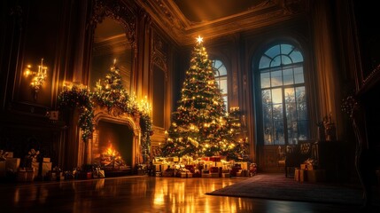 Ornate Christmas tree with red, green, and gold decor, beautifully illuminated in a darkened room, cinematic holiday feel