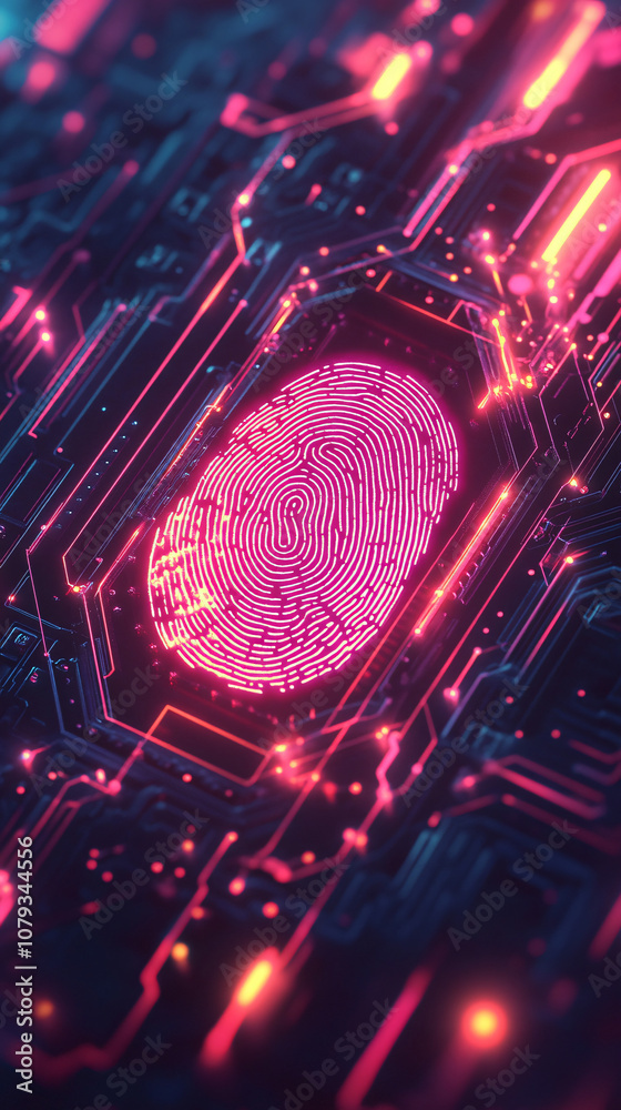 Poster Fingerprint authentication happening on a bright, lit-up circuit board, representing digital security and data protection