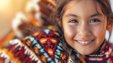 A young Native American girl radiates joy in traditional clothing, capturing the essence of her culture with a warm smile