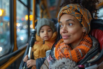 Fototapeta premium A woman seated on a bus gazes out the window while her young child looks on. They wear cozy autumn clothing, soaking in the city sights as the bus travels along bustling streets