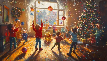 Fototapeta premium A joyful scene of children celebrating the festive season, playing with colorful balls in a bright room adorned with a Christmas tree, evoking warmth and happiness.