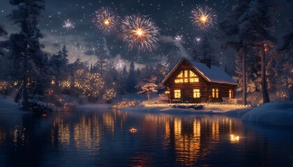 Fototapeta premium A serene winter scene featuring a cozy cabin by a tranquil lake, illuminated by warm lights
