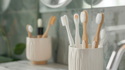 A stylish toothbrush holder displays multiple eco-friendly brushes in a modern bathroom setting with elegant mirrors
