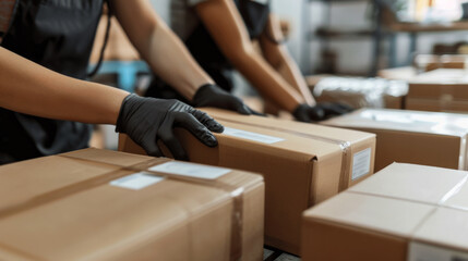 Hands entering shipping information while preparing packages in a busy warehouse during the day