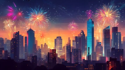 Obraz premium A vibrant city skyline illuminated by colorful fireworks at sunset, showcasing modern skyscrapers and a lively atmosphere, perfect for depicting celebrations and urban life.