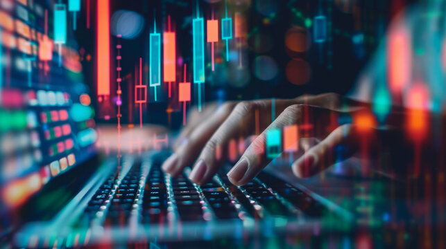 Hands actively typing on a keyboard while analyzing data trends and financial graphs in a modern workspace during the evening