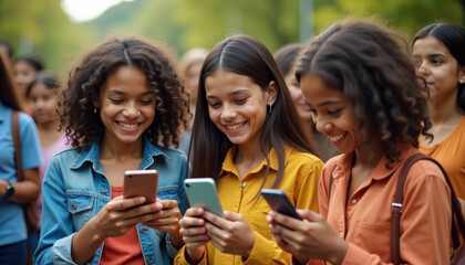 Group of Young Women Engaged in Social Media