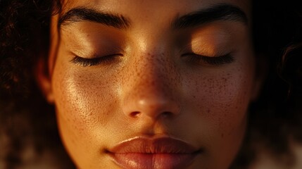 Fototapeta premium Close-up of a calm person with eyes gently closed in meditation, soft light highlighting natural freckles and serene features, creating a peaceful and tranquil mood with a neutral background.