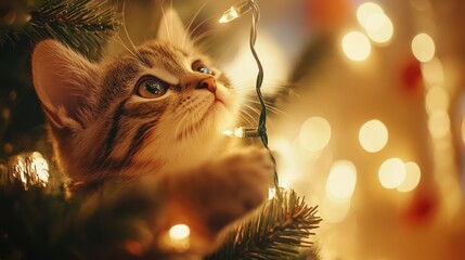 Close-up of twinkling lights on a Christmas tree, soft warm glow, capturing a cinematic holiday ambiance