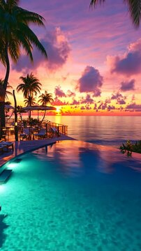 A stunning sunset over the ocean illuminates a tropical resort with a pool overlooking the water