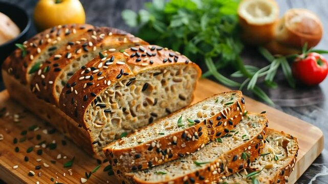 A loaf of artisan bread, adorned with seeds and herbs, is sliced on a wooden cutting board. Fresh herbs and vegetables complement the warm, inviting setting