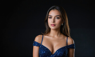 Fototapeta premium A woman with long brown hair is wearing a blue, sparkly dress. She is looking at the camera with a serious expression