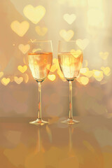 beautiful glasses of champagne on a blurred background of hearts close-up