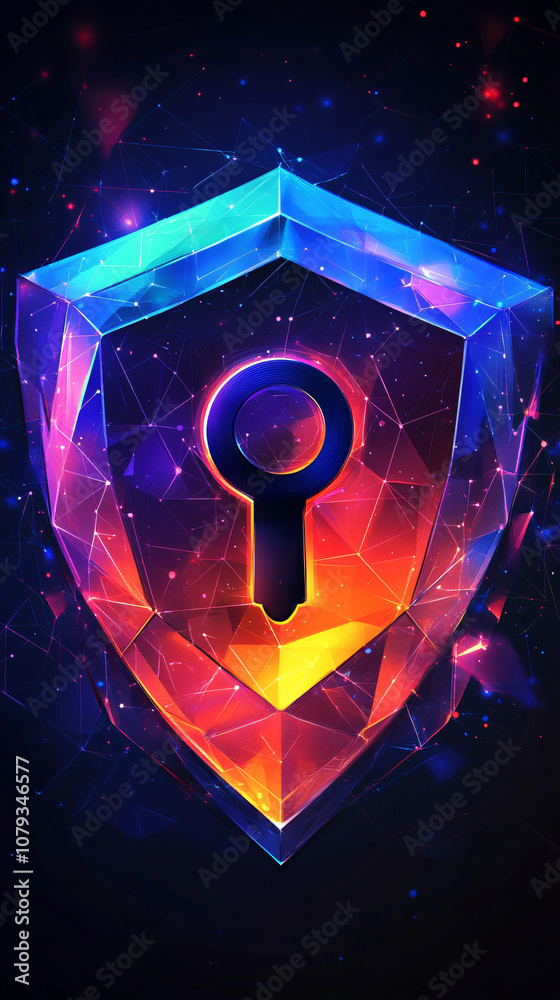 Fototapete glowing polygonal shield with keyhole symbolizes data protection and cybersecurity in interconnected