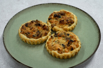 Gourmet mini tarts. Closeup view of fresh baked smoked salmon pies