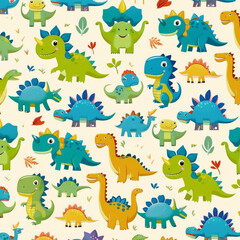 A vibrant array of cartoon dinosaurs in various colors and styles fills the cream background. This whimsical design appeals to children and enhances playful environments.generative ai