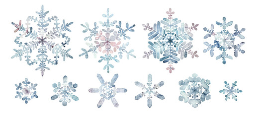 Watercolor snowflakes winter granulation illustration set. Frost crystals drawn by hand. Painted drawing isolated background. For print on t-shirts, bags, cards, banner, poster, invitation