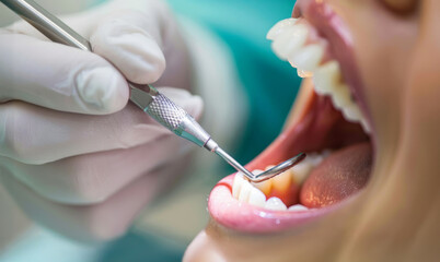 Dental hygienist using a scaler to clean teeth in a clinic during a routine check-up in the afternoon