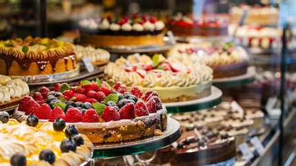 Delicious assortment of cakes and tarts displayed in a vibrant bakery showcasing colorful desserts and sweets