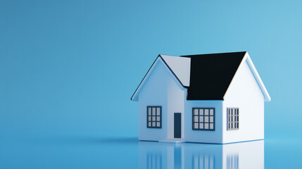Simple model house on a blue background with reflections and shadows