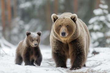 Fototapeta premium Mother bear stands protectively with her cub in a snowy forest during winter