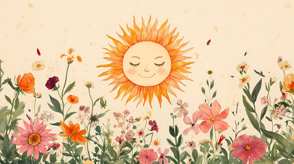 A collection of illustrated flowers, plants, and a sun, showcasing a whimsical botanical theme. Botanical. Illustration