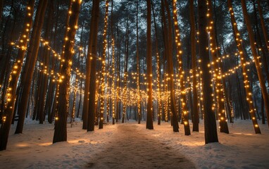 Naklejka premium Enchanted Winter Forest with Lights “ Magical forest scene with tall, snowy trees adorned with string lights, creating a dreamy winter atmosphere. 