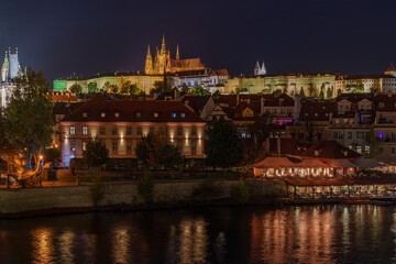 Panoramic view of Prague during a warm autumn night