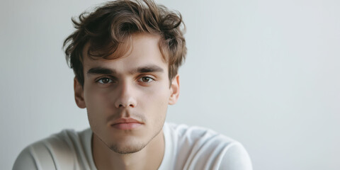 Pensive young man with wavy brown hair in minimalist setting