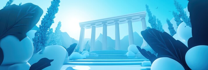 Ancient greek architecture in serene landscape for independence day celebration poster design. Vertical banner. Copy space. Beautiful minimalistic postcard from Greece