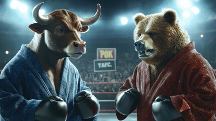 Bull and a bear in a boxing ring, representing the opposing forces of bullish and bearish market sentiment in a humorous and metaphorical way