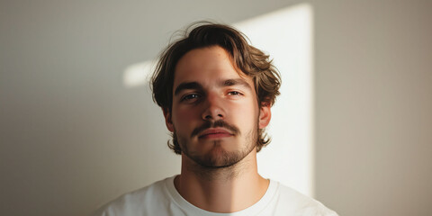 Fototapeta premium Pensive young man in sunlit room with soft shadows