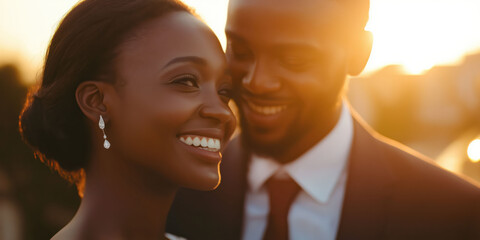 Romantic evening: smiling couple embracing at sunset with warm glow