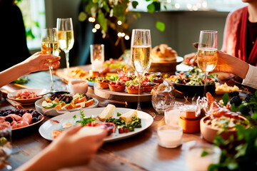 Grupo de amigos disfrutando de un aperitivo brindando con copas de champagne en la mesa del comedor con comida y bebida celebrando una fiesta de Navidad y Fin de Año. Concepto estilo de vida.