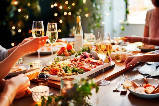 Grupo de amigos disfrutando de un aperitivo brindando con copas de champagne en la mesa del comedor con comida y bebida celebrando una fiesta de Navidad y Fin de Año. Concepto estilo de vida.
