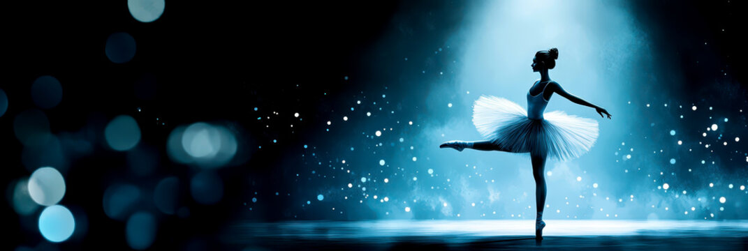 Graceful ballet performance in spotlight celebrating world theatre day. Horizontal banner. Copy space. International Dance Day