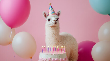 A playful llama celebrates its birthday with a cake and colorful balloons