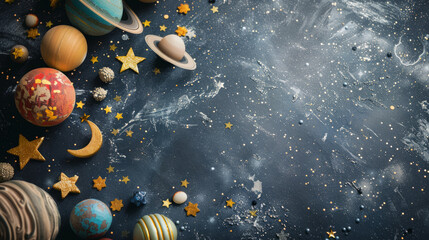 Colorful planets and stars arranged creatively on a dark cosmic backdrop, showcasing a playful representation of the solar system