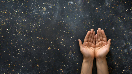 Open hands reaching towards a starry galaxy background, symbolizing hope and aspirations in a cosmic setting