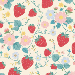 This delightful illustration showcases an array of smiling strawberries intertwined with playful flowers and vines, creating a cheerful and inviting pattern suitable for children's decor.generative ai