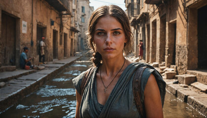 A young woman stands in a narrow, cobblestone alley, her gaze fixed on the camera, as she navigates the streets of a bustling city