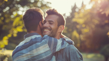 Two men share a joyful embrace in a sunlit outdoor setting, celebrating their love and connection during a warm afternoon