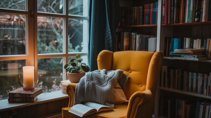 Cozy reading nook with yellow armchair and stacks of books near a window in a warm home setting
