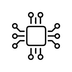 A minimalist vector icon representing a microchip with connecting nodes, symbolizing technology, electronics, and innovation in a modern digital world
