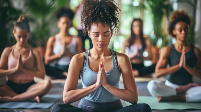 A group of women practicing yoga in a serene indoor setting during a wellness class focusing on mindfulness and relaxation