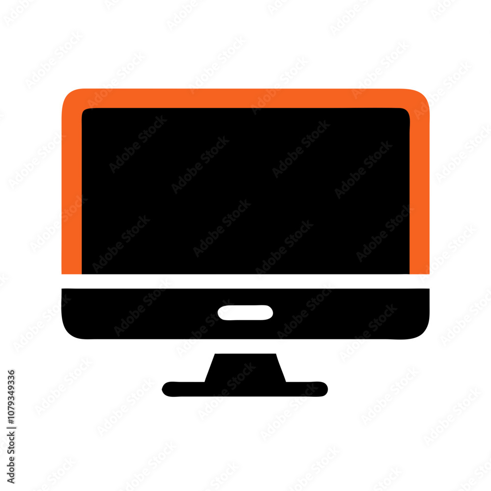 Poster a minimal vector icon representing a desktop computer with an orange screen, showcasing technology i