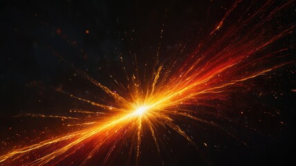 Bright orange and yellow light burst with sparkling particles on black background.