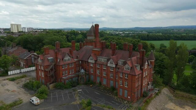 Preston, Lancashire, UK, May 31, 2024; aerial reverse reveal clip of old East Cliff offices building off Winckley Square, Preston, Lancashire, England, UK. 