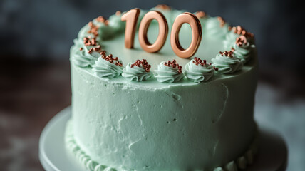 Celebratory cake with '100' topper and decorative icing.